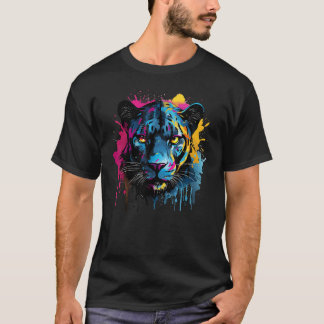 カラフルなスプラッシュ ブラックジャガー野生生物大きなネコ好き Tシャツ