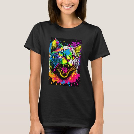 カラフルなスプラッタペイントの猫 80年代風 Tシャツ (正面)