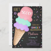 カラフルなスプリンクル ブラック アイスクリーム 誕生日招待状 招待状 (正面)