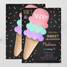 カラフルなスプリンクル ブラック アイスクリーム 誕生日招待状