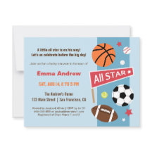 カラフルなスポーツがテーマのベビーシャワー招待状