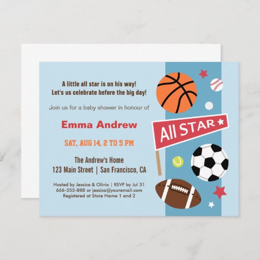 カラフルなスポーツがテーマのベビーシャワー招待状 招待状 (正面/裏面)