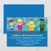 カラフルなスーパーヒーローの誕生日パーティー 招待状 (正面/裏面)