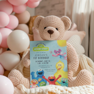カラフルなセサミストリートのイラスト誕生日パーティー 招待状
