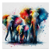 カラフルなゾウのファミリー水彩アートプリント ポスター (正面)