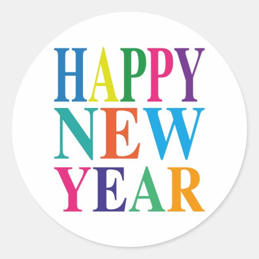 カラフルなタイポグラフィの新年おめでとう   ラウンドシール (正面)