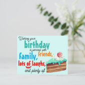 カラフルなタイポグラフィー誕生日ケーキベストウィッシュズ ポストカード (スタンド正面)