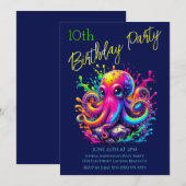カラフルなタコのスプラッシュ バースデーパーティー 招待状 (正面/裏面)