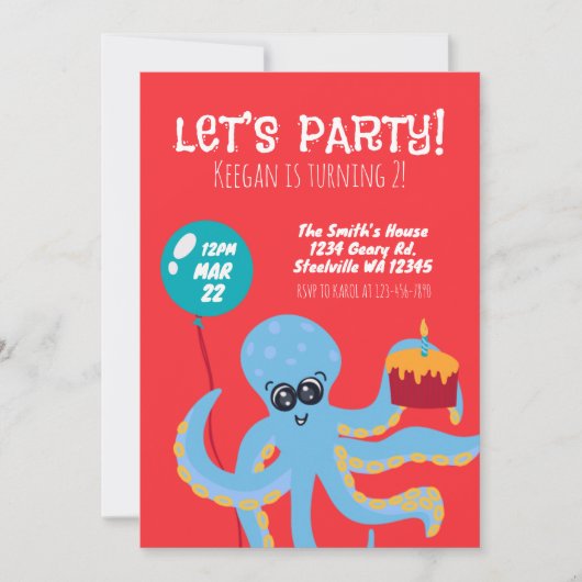 カラフルなタコの海の少年たち 2歳の誕生日 招待状 (正面)
