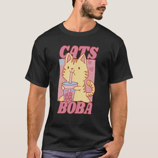カラフルなタピオカ入りのタピオカティーと猫 Tシャツ (正面)