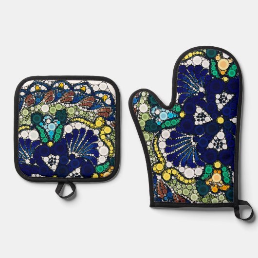 カラフルなタラベラ陶器 メキシカンブルーの写真アート  鍋つかみ&鍋敷きセット (正面)