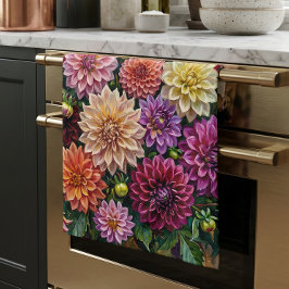 カラフルなダリアの花 キッチンタオル