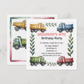 カラフルなダンプトラックの４歳の誕生日パーティー 招待状 (正面/裏面)