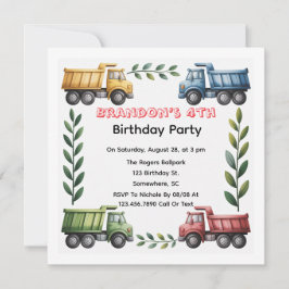カラフルなダンプトラックの４歳の誕生日パーティー 招待状