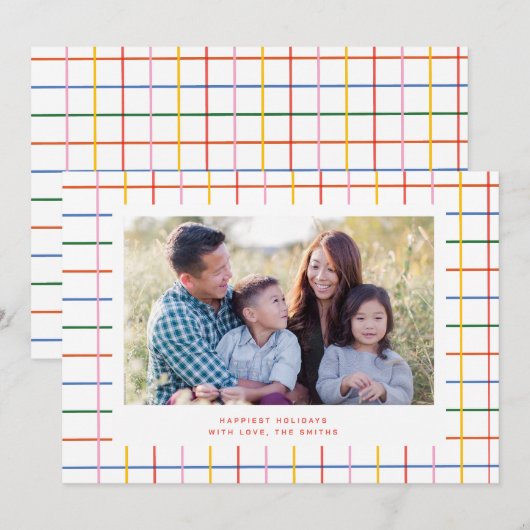 カラフルなチェック柄がキュートな写真のホリデーカード 招待状 (正面/裏面)