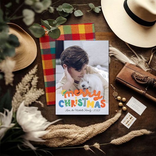 カラフルなチェック柄の楽しいクリスマス写真 シーズンカード