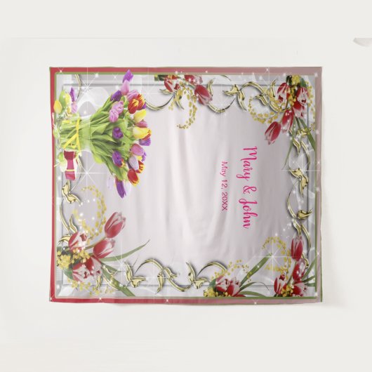 カラフルなチューリップの花のウェディングフォトバックドロップ タペストリー (正面(横))