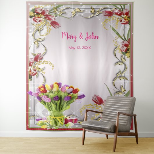カラフルなチューリップの花のウェディングフォトバックドロップ タペストリー (インサイチュ)