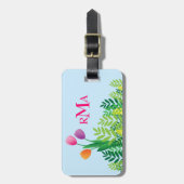 カラフルなチューリップ、緑の植物及びモノグラム ラゲッジタグ (正面縦)