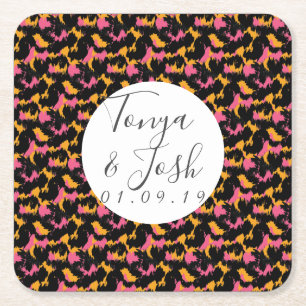 カラフルなチーター柄のモダンなウェディング スクエアペーパーコースター