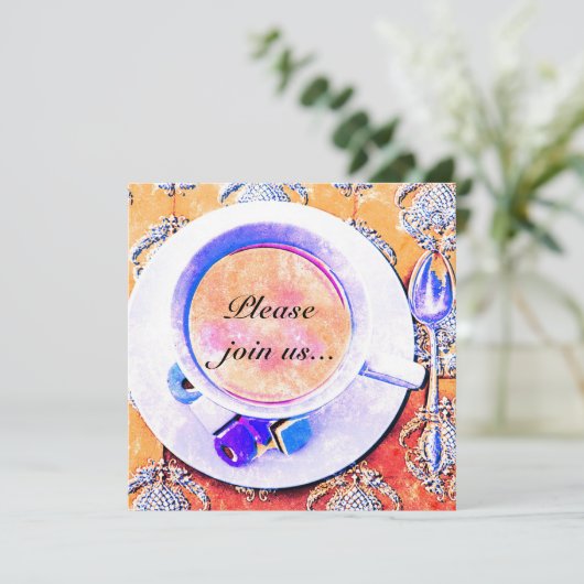 カラフルなティーカップの茶パーティの招待状 招待状 (スタンド正面)