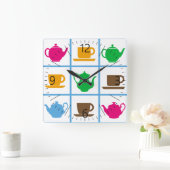 カラフルなティーポットパターン スクエア壁時計 (ホーム)