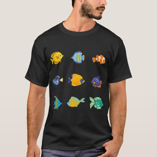 カラフルなディジタルイラストに9匹の魚が Tシャツ (正面)