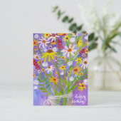 カラフルなデイジーの花束 お誕生日おめでとう ポストカード (スタンド正面)