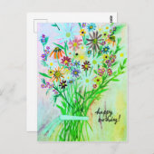 カラフルなデイジーの花束 ハッピーバースデー グリーン ポストカード (正面/裏面)