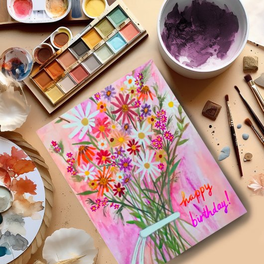 カラフルなデイジーの花束 ハッピーバースデー ポストカード