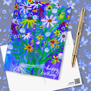 カラフルなデイジーの花束 ブルー ハッピー バースデー オーダーメイド ポストカード