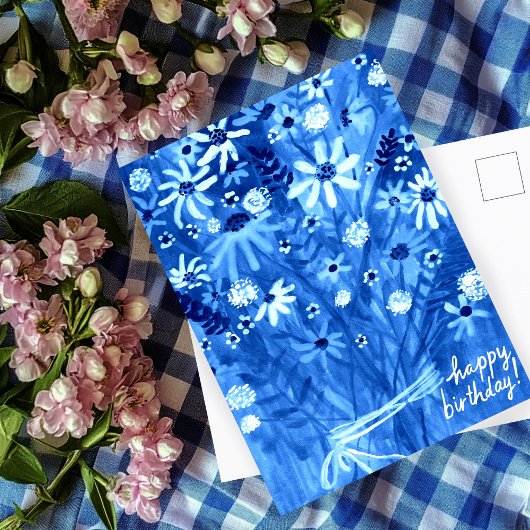 カラフルなデイジーの花束 青い 誕生日 ポストカード