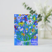 カラフルなデイジーの花束 青 ハッピー バースデー オーダーメイド ポストカード (スタンド正面)
