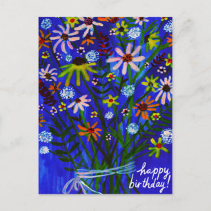 カラフルなデイジーの花束 青 色とりどりの誕生日 ポストカード