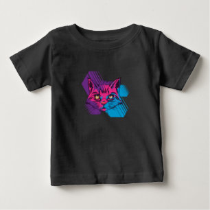 カラフルなデザインの猫の顔 ベビーTシャツ