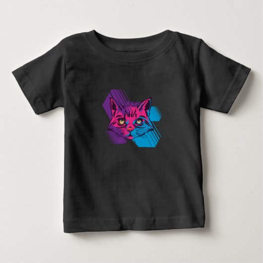 カラフルなデザインの猫の顔 ベビーTシャツ (正面)