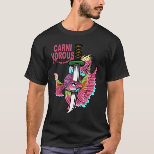 カラフルなデザインの肉食性ベタ Tシャツ (正面)