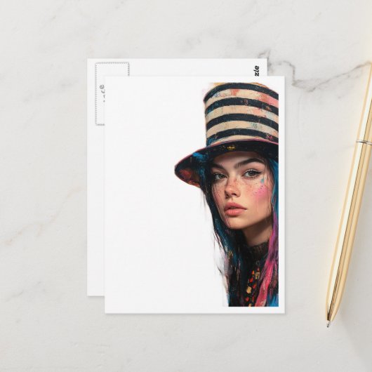 カラフルなトップハットの女性 ミックスメディア コラージュ ポストカード (正面/裏面インサイチュ)