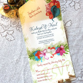 カラフルなトロピカルピンクコーラル ティールブルーのプルメリア オールインワン招待状