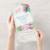 カラフルなトロピカルピンクコーラル ティールブルーのプルメリア オールインワン招待状 (貼ってはがせる)