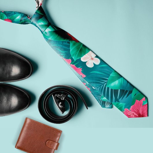 カラフルなトロピカルフラワーと葉 夏 ネクタイ