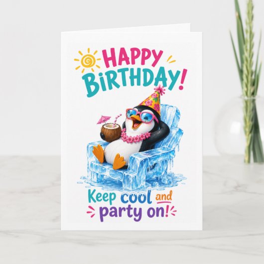 カラフルなトロピカルペンギンの誕生日お祝い カード (正面)