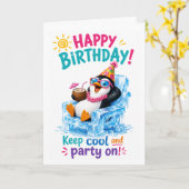 カラフルなトロピカルペンギンの誕生日お祝い カード (黄色い花)