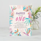 カラフルなトロピカルリーフのパロットガール 1歳の誕生日 招待状 (スタンド正面)