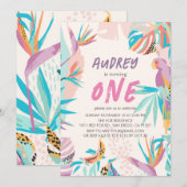 カラフルなトロピカルリーフのパロットガール 1歳の誕生日 招待状 (正面/裏面)