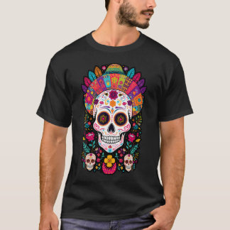 カラフルなドクロの花 メキシコ伝統の死者の日 Tシャツ