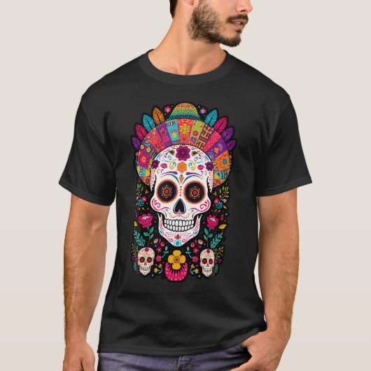 カラフルなドクロの花 メキシコ伝統の死者の日 Tシャツ (正面)