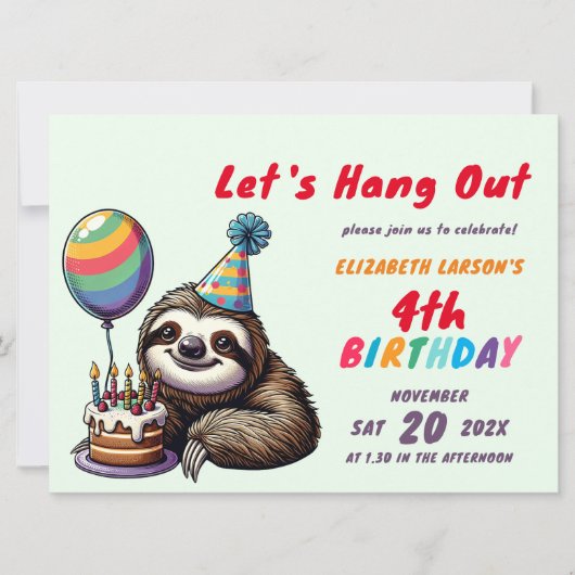 カラフルなナマケモノをテーマにした子供の誕生日パーティー 招待状 (正面)