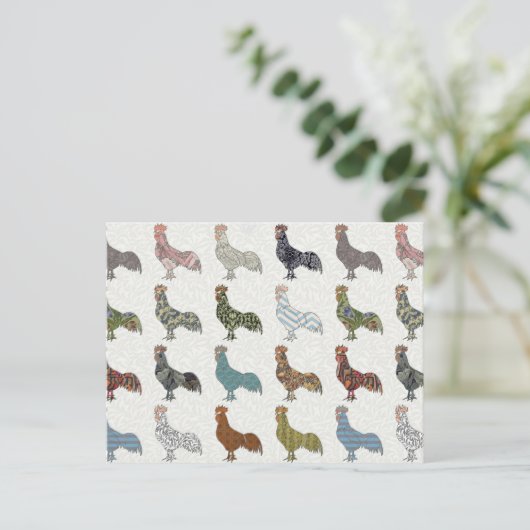 カラフルなニワトリとヒヨコのファームパターン ポストカード (スタンド正面)