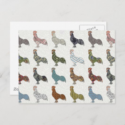 カラフルなニワトリとヒヨコのファームパターン ポストカード (正面/裏面)